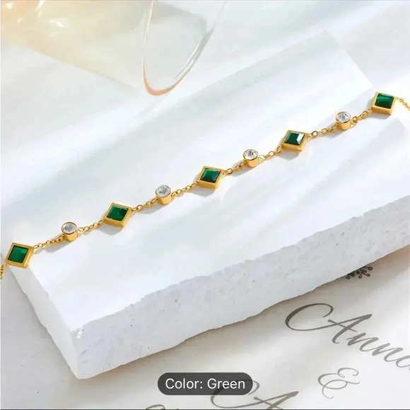 💛PLEASE BUNDLE💛 Golden Plated Bracelet w/ Green Square Gems & Zirconia accents - Picture 2 of 4